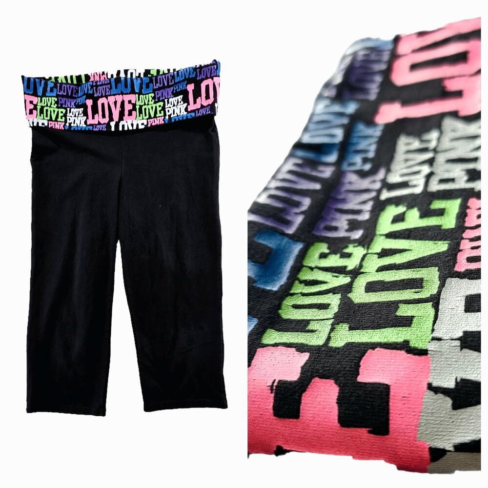 Vtg PINK VS Foldover Spellout Neon Cropped Capri Yoga Pants Athleisure EUC L